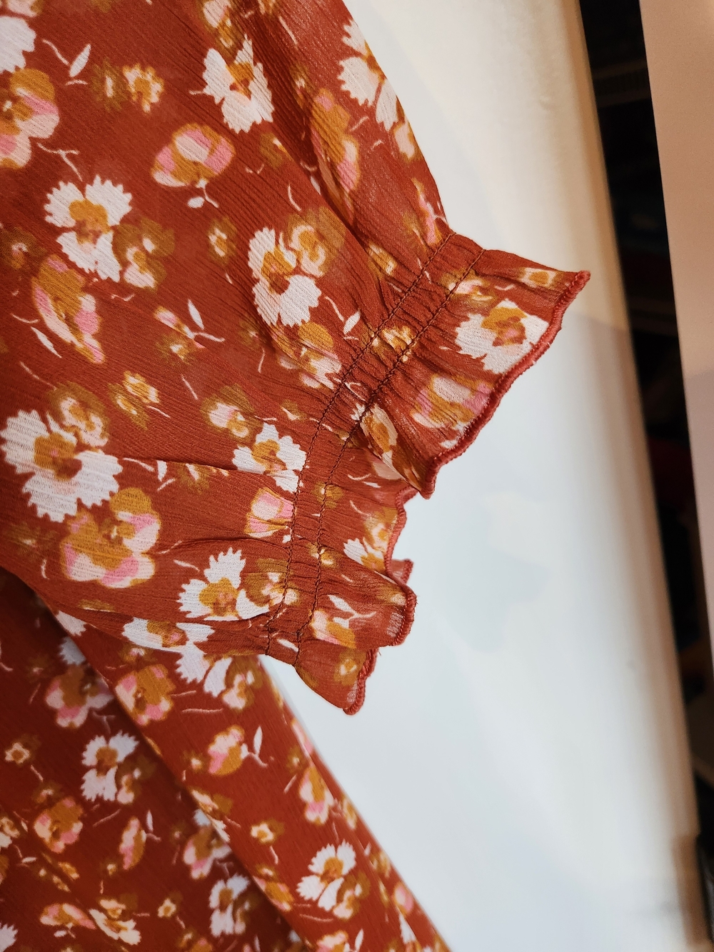 J Crew Factory Crinkle Midi Flounce Dress Rust Floral Size XL Cottagecore Ruffle - Picture 7 of 15